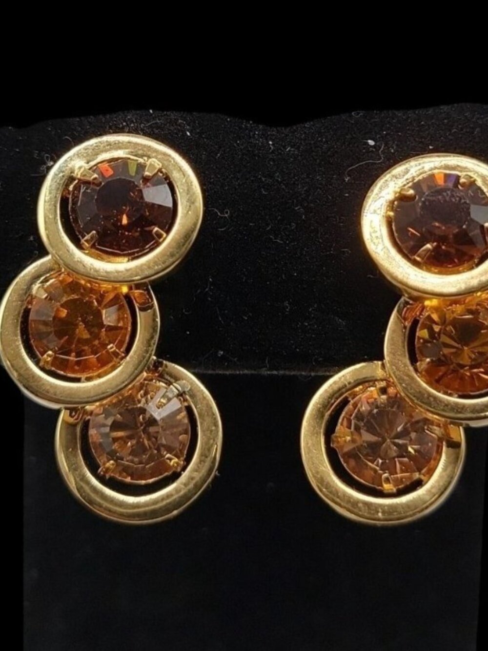 BH China Clip-On Earrings Amber & Brown Rhinestones Vintage Gold Tone - Picture 3 of 16
